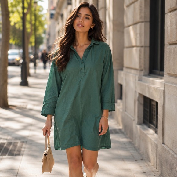 Pomander Place Dresses & Skirts - Pomander Place Green Cotton Henley Shift Dress XL Y18715T 3/4 Sleeve Collared